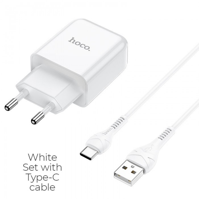 Сетевое зарядное устройство с кабелем USB-A/USB-C Hoco N2 USB-A 2.1A, белый цвет