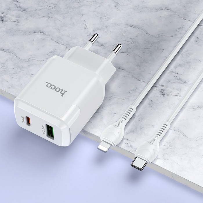 Сетевое зарядное устройство с кабелем USB-C/Lightning Hoco N5 USB-C PD 20W + USB-A QC3.0, белый цвет