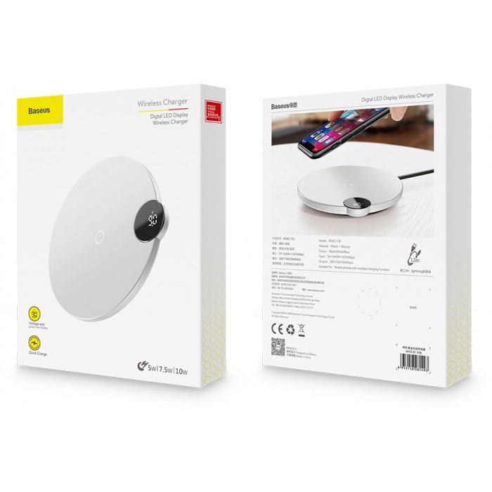 Беспроводная сетевая зарядка Baseus Digital LED Display Wireless Charger, белый цвет