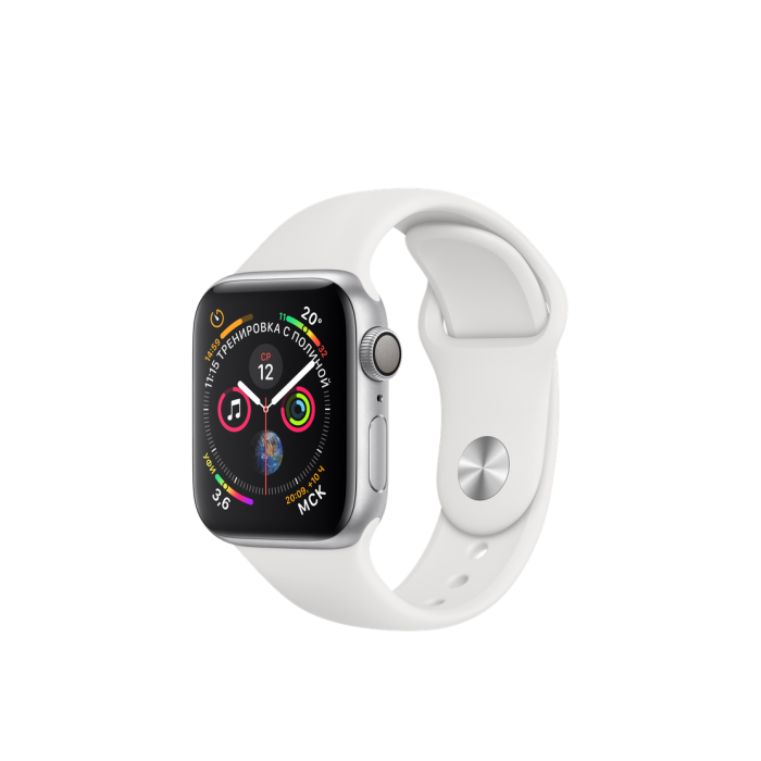 Apple Watch Series 4, 40 мм, корпус из алюминия серебристого цвета, спортивный ремешок белого цвета