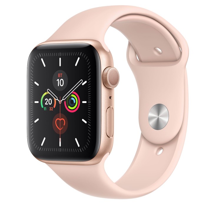 Apple Watch Series 5, 44 мм, корпус из алюминия золотого цвета, спортивный ремешок цвета «розовый песок»