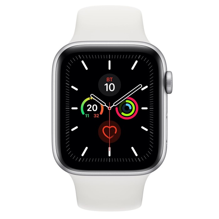 Apple Watch Series 5, 44 мм, корпус из алюминия серебристого цвета, спортивный ремешок белого цвета