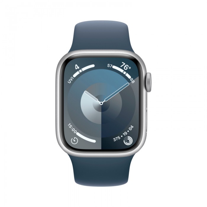Apple Watch Series 9 GPS, 41 мм, корпус из алюминия серебристого цвета, спортивный ремешок цвета «грозовой синий»