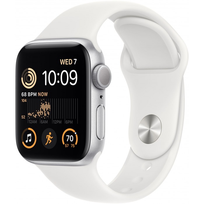 Apple Watch SE (2022), 40 мм, корпус из алюминия серебристого цвета, спортивный ремешок белого цвета